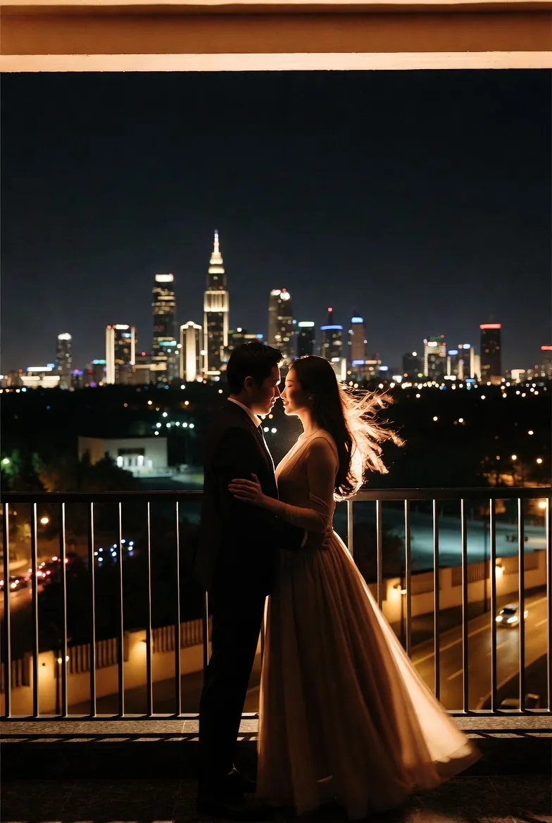 A couple embracing on a balcony overlooking the city skyline