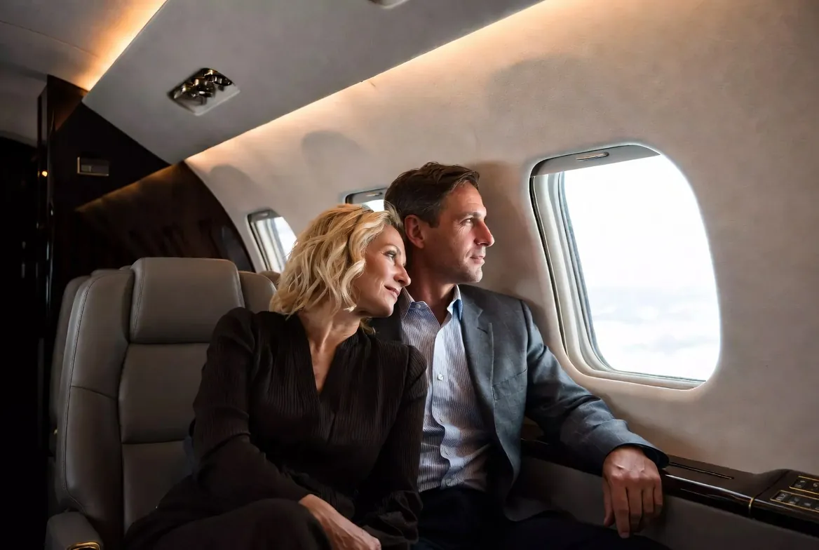 An elegant couple travelling privately by jet