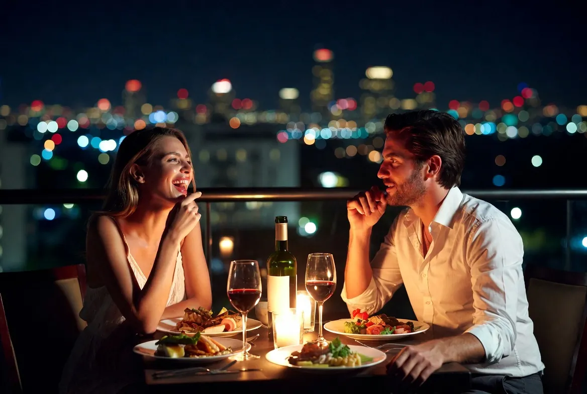 A couple dining on a rooftop above the city at night