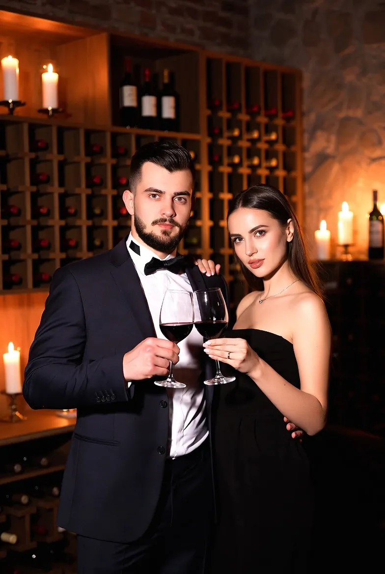 An elegant couple sharing wine in a private cellar