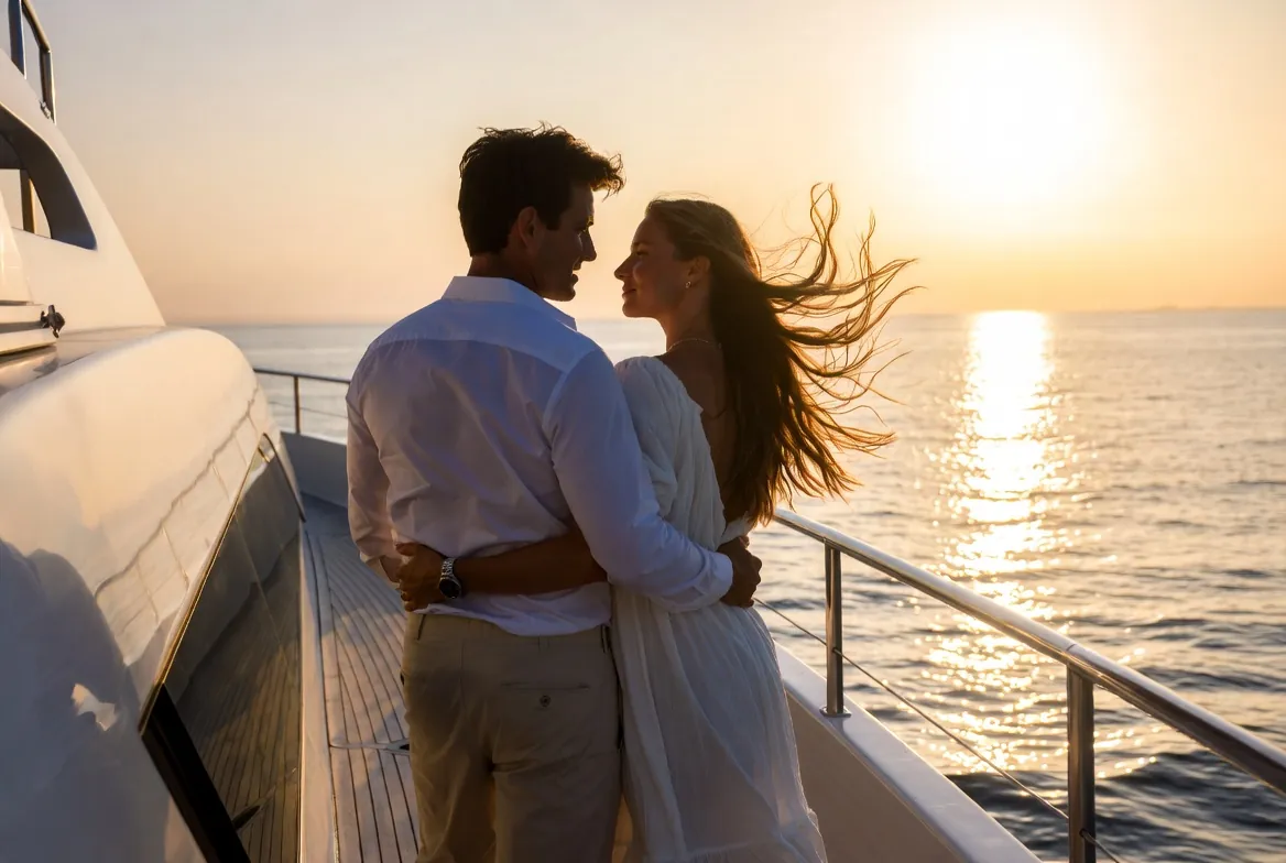 A couple embracing aboard a yacht at golden hour