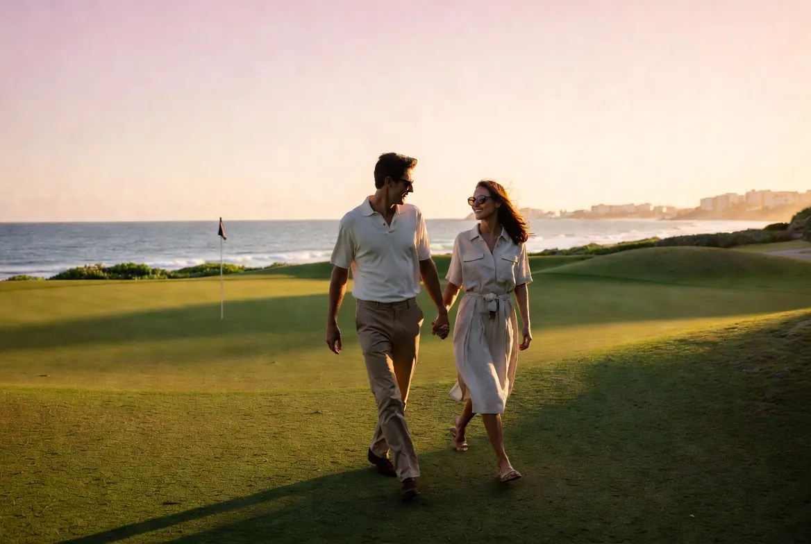 A couple walking hand in hand on an oceanside course at golden hour