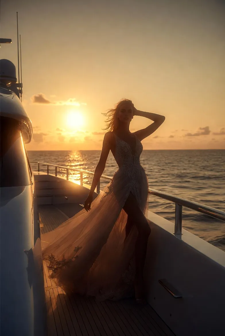 An elegant woman in an evening gown aboard a yacht at sunset