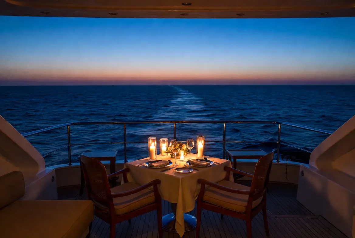 A candlelit dinner for two on the deck of a yacht at sunset
